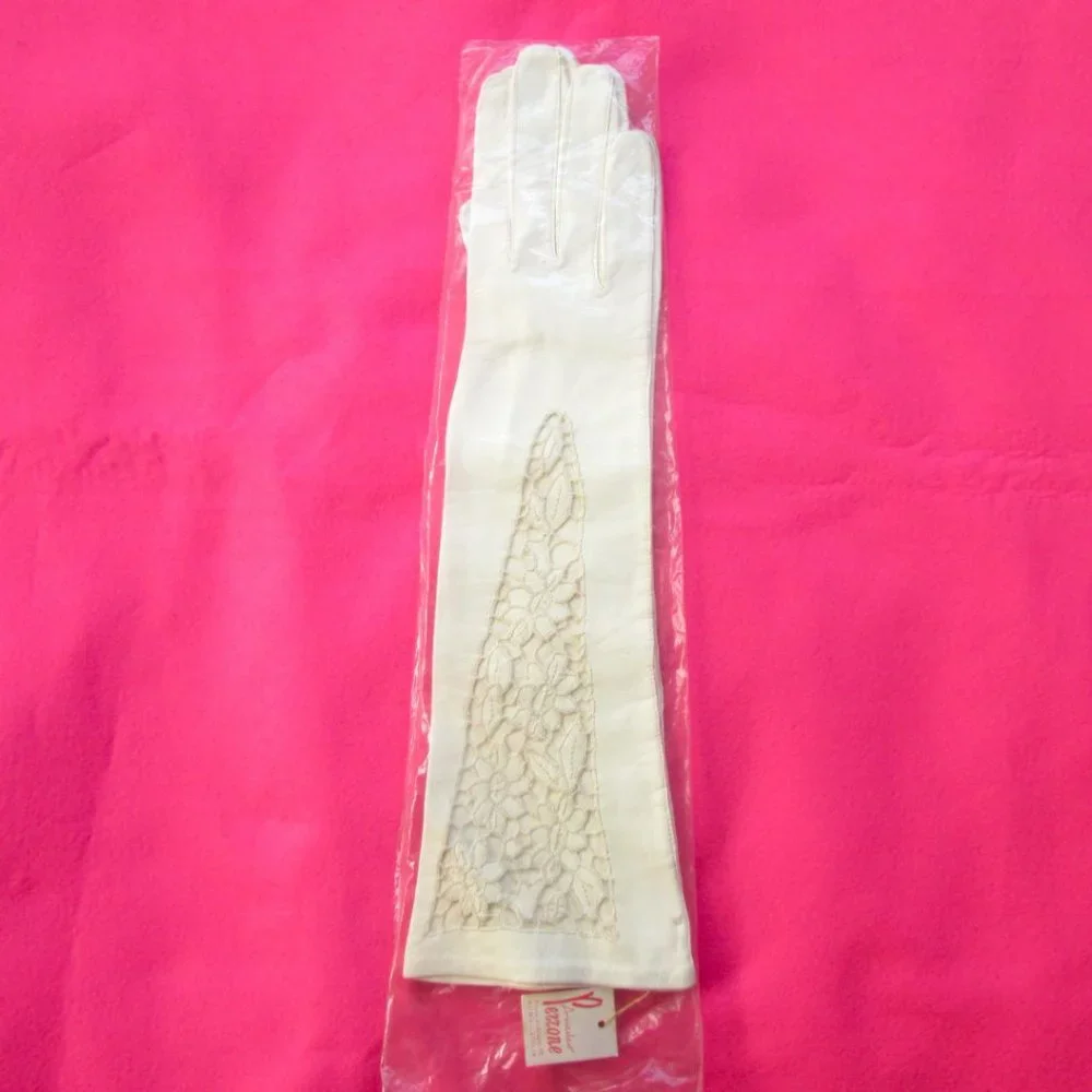 cottagecore vintage long white lace leather opera gloves size 6.5 bride prom